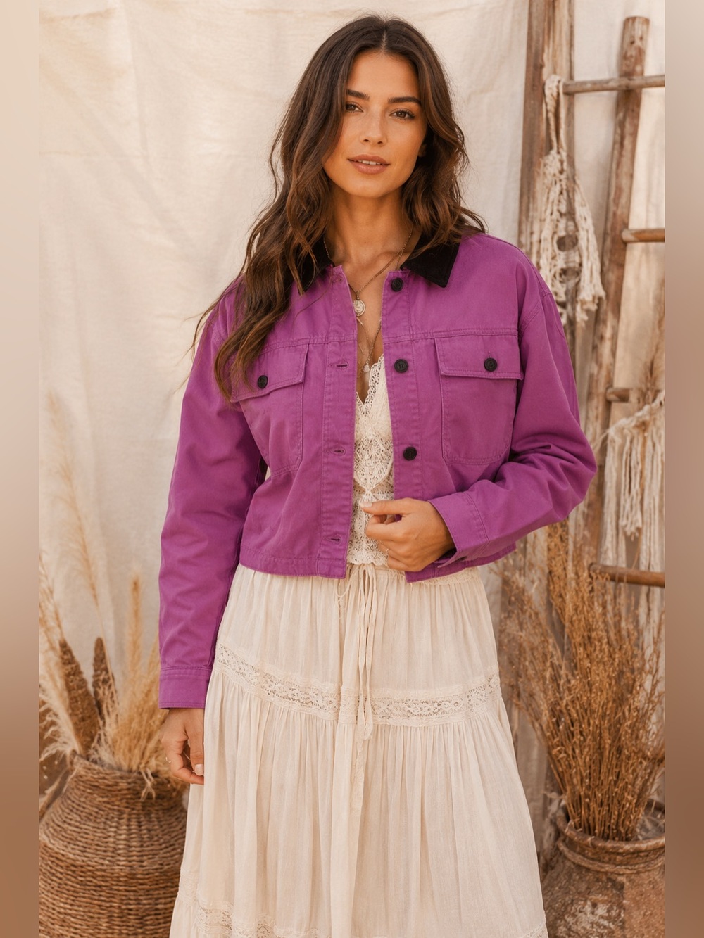 Wild Fable Cropped Canvas Surplus Shacket - Vibrant Purple